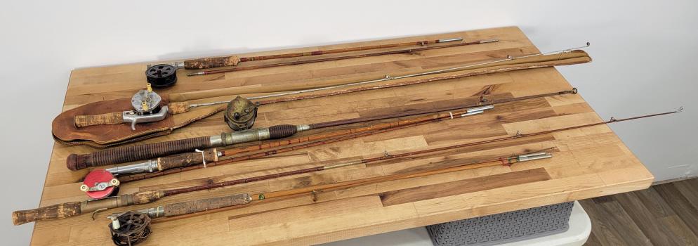 Estate Lot of Antique / Vintage Bamboo Fishing Poles - Lot #10: Description: This lot includes a small grouping of antique and vintage bamboo fishing poles taken directly out of a larger estate collection. Many of these poles are signed and marked, see photos for 