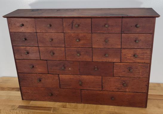 Antique Country Apothecary / Seed Cabinet: Description: This lot includes a 25 drawer Apothecary or Seed Cabinet from a 19th century CT farmhouse. Offered exactly as found in the estate. Appears to be early 20th century in age. Condition: Expe
