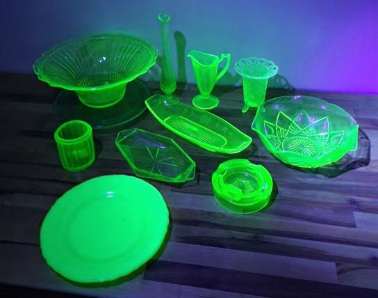 11pc Lot of Antique Vaseline / Uranium Glass: Description: This lot includes 11 original pieces of antique / Vintage Uranium glass dinnerware. You get everything you see in the photos! Condition: All pieces appear to be in good condition with min