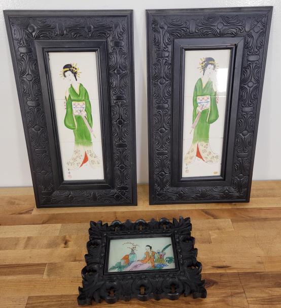 Lot of Oriental Carved Wood Framed Geisha Tiles (1 of 10)