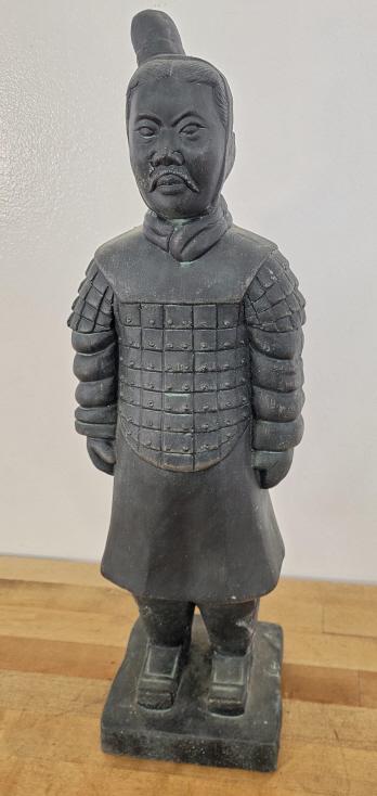 Chinese Terracotta Soldier Statue: Description: This lot includes a 19" Tall ceramic terracotta soldier statue. The figure appear to be vintage in age, and unsigned. Condition: Minor expected surface wear associated with age and use, o