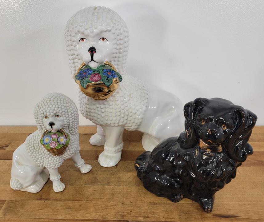 3pc Lot of Staffordshire Porcelain Dogs: Description: This lot includes a pair of white porcelain Staffordshire dog figures. These appear to be vintage / modern in age, though exact age is unknown. Unmarked Condition: Minor expected surface 