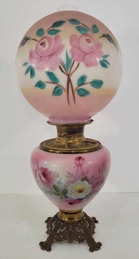 Pink Painted Glass Banquet Lamp: Description: This lot includes a pink painted glass banquet lamp. Lamp is in original condition and unconverted. See photos for details. Condition: In overall good, estate found condition. Functionali