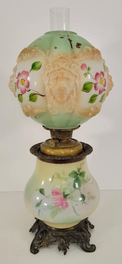 Green Painted Glass Banquet Lamp: Description: This lot includes a green painted glass banquet lamp. Lamp is in original condition and unconverted. See photos for details. Condition: In overall good, estate found condition. Functional