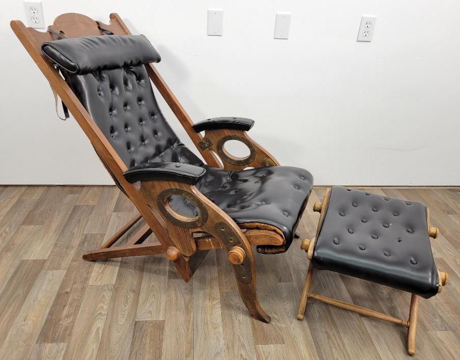 Campaign Style Chair & Foot Rest - Herbert McNair: Description: This lot includes a campaign style adjustable lounge chair with matching foot rest and cushion. Chair is unmarked, but appears to in the style and design of Herbert McNair. Chair is vinta