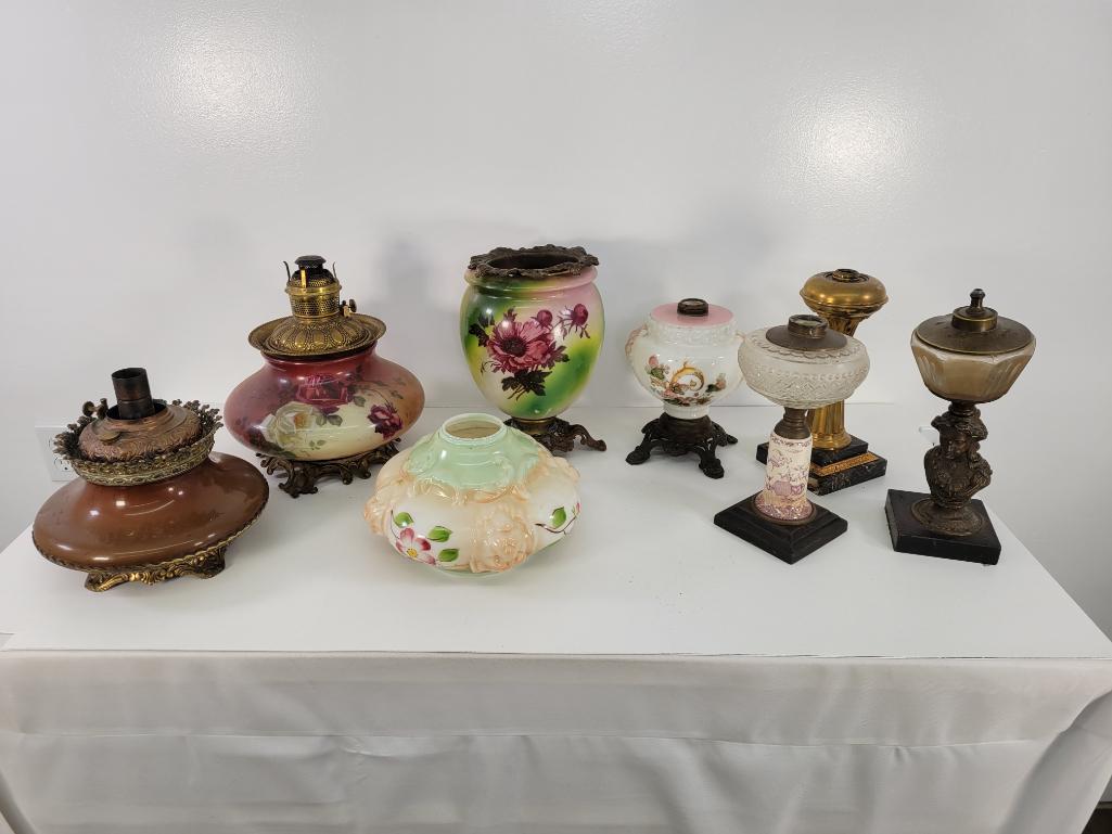 Estate Collection of Oil Lamps - Parts (8pc): Description: This lot includes part of a collection of antique & vintage lamps from one single collector. The lamp parts in this lot are offered exactly as found in the estate and may range from m