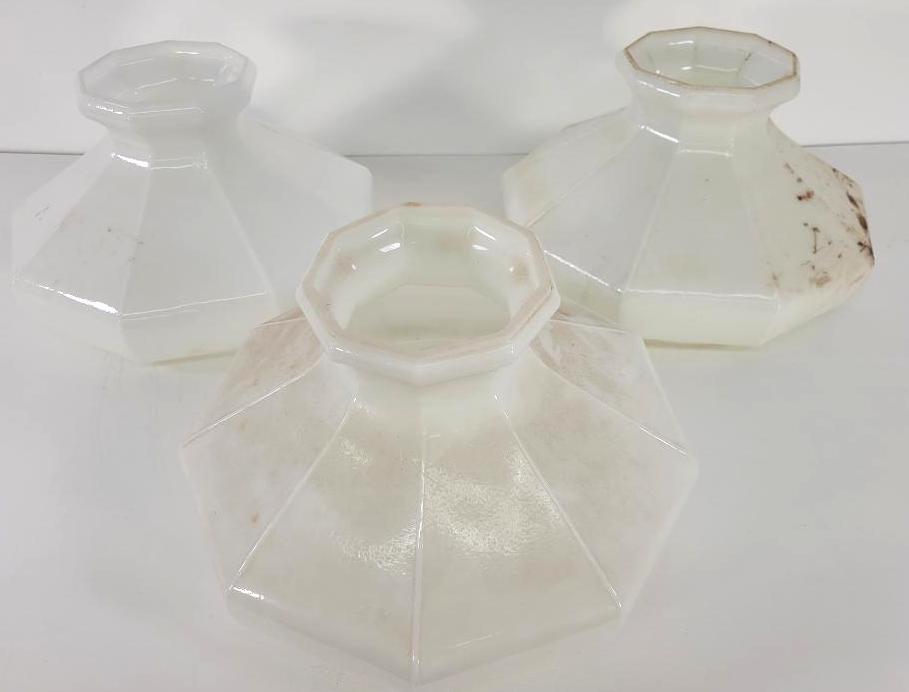 Vintage & Antique Oil Lamp Shades - Lot #4 (3pc): Description: This lot includes part of a collection of antique & vintage oil lamp glass shades. See photos for lot contents and details. Condition: Shades appear to be in overall good condition, a