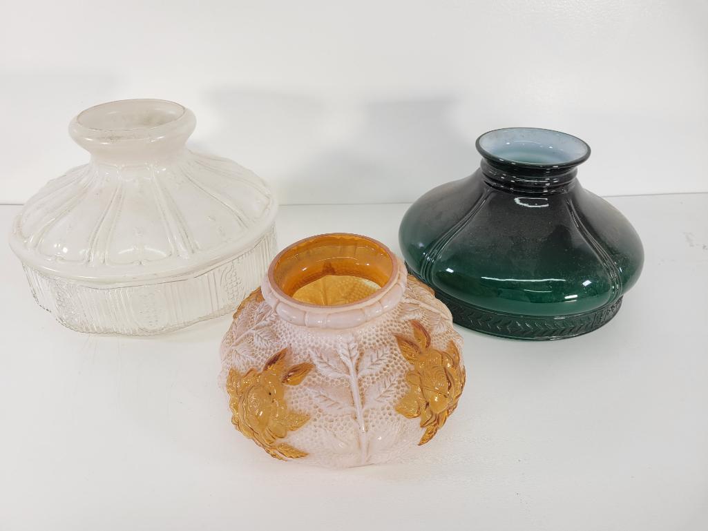 Vintage & Antique Oil Lamp Shades - Lot #5 (3pc): Description: This lot includes part of a collection of antique & vintage oil lamp glass shades. See photos for lot contents and details. Condition: Shades appear to be in overall good condition, a