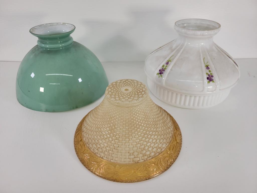 Vintage & Antique Oil Lamp Shades - Lot #6 (3pc): Description: This lot includes part of a collection of antique & vintage oil lamp glass shades. See photos for lot contents and details. Condition: Shades appear to be in overall good condition, a