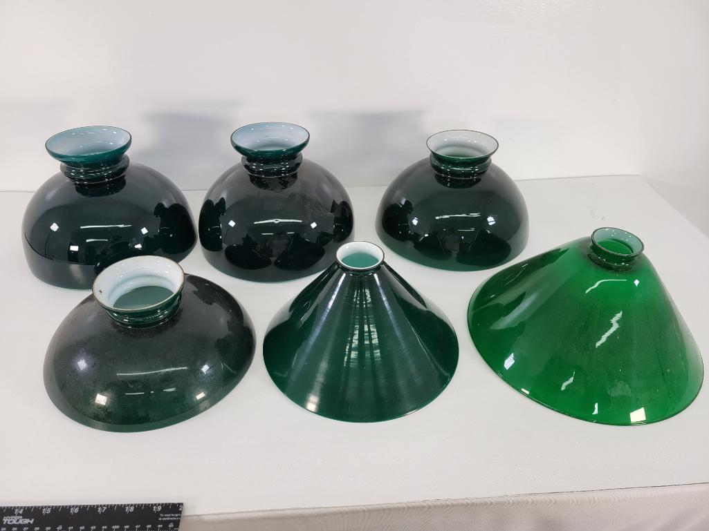 Vintage & Antique Oil Lamp Shades - Lot #9 (6pc): Description: This lot includes part of a collection of antique & vintage oil lamp glass shades. See photos for lot contents and details. Condition: Shades appear to be in overall good condition, a