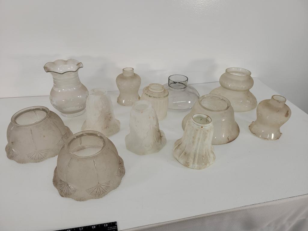 Vintage & Antique Oil Lamp Shades - Lot #10 (12pc): Description: This lot includes part of a collection of antique & vintage oil lamp glass shades. See photos for lot contents and details. Condition: Shades appear to be in overall good condition, a