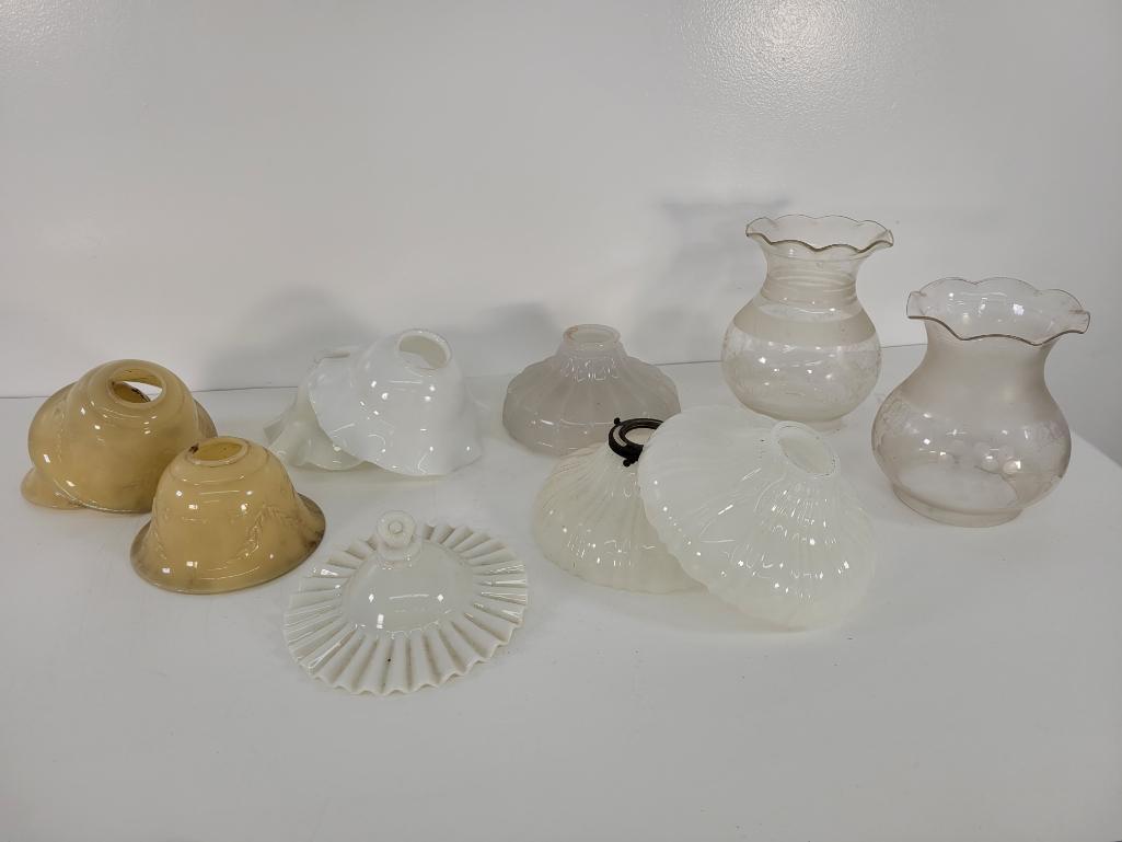 Vintage & Antique Oil Lamp Shades - Lot #11 (11pc): Description: This lot includes part of a collection of antique & vintage oil lamp glass shades. See photos for lot contents and details. Condition: Shades appear to be in overall good condition, a
