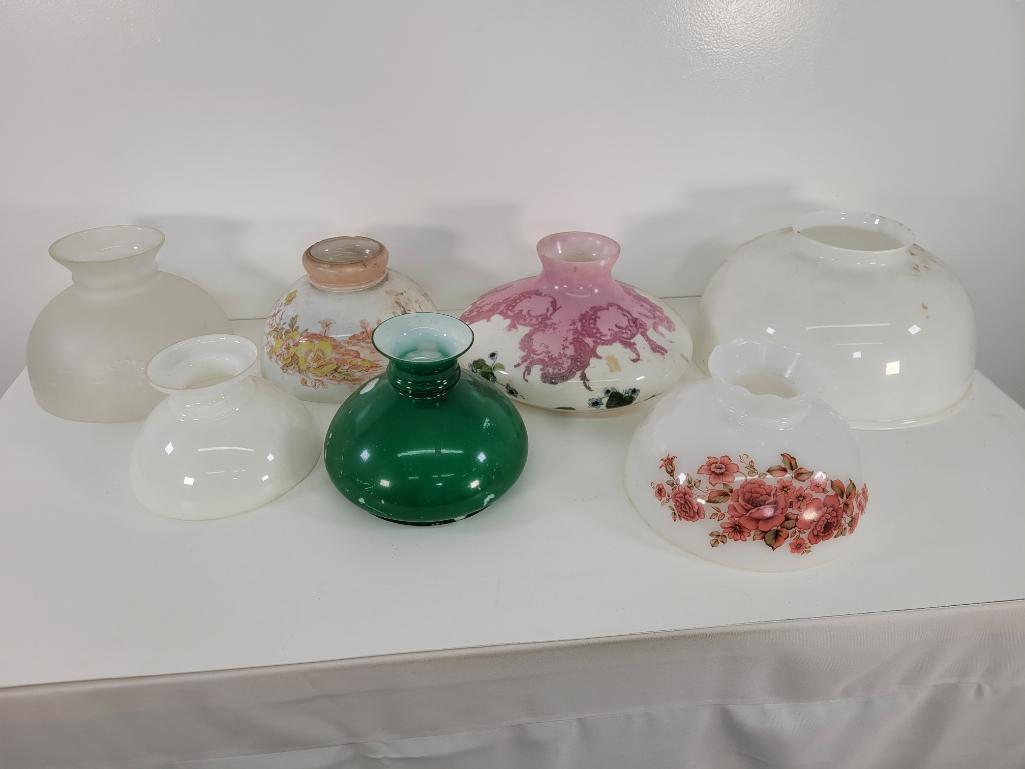 Vintage & Antique Oil Lamp Shades - Lot #12 (7pc): Description: This lot includes part of a collection of antique & vintage oil lamp glass shades. See photos for lot contents and details. Condition: Shades appear to be in overall good condition, a