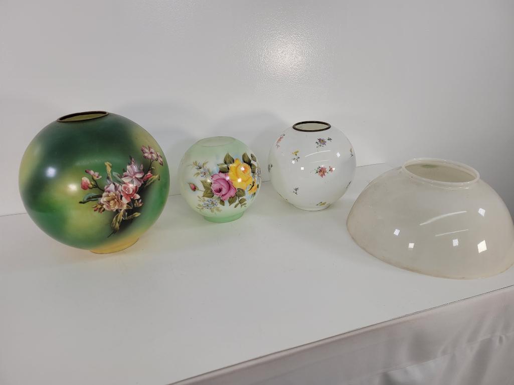 Vintage & Antique Oil Lamp Shades - Lot #13 (4pc): Description: This lot includes part of a collection of antique & vintage oil lamp glass shades. See photos for lot contents and details. Condition: Shades appear to be in overall good condition, a