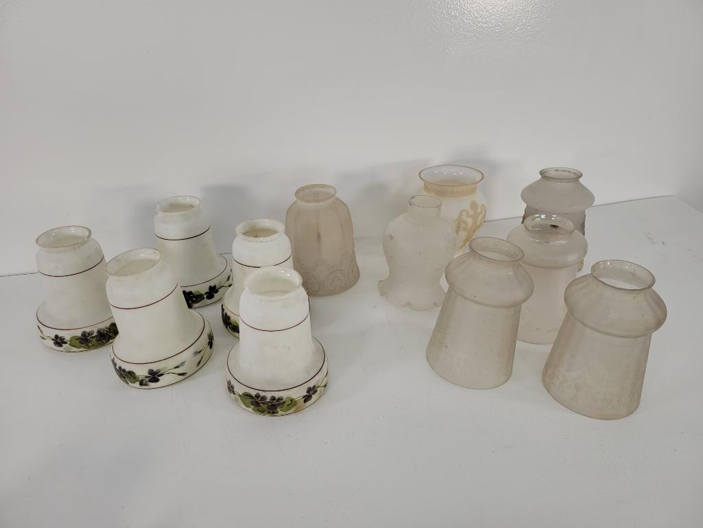 Vintage & Antique Oil Lamp Shades - Lot #14: Description: This lot includes part of a collection of antique & vintage oil lamp glass shades. See photos for lot contents and details. Condition: Shades appear to be in overall good condition, a