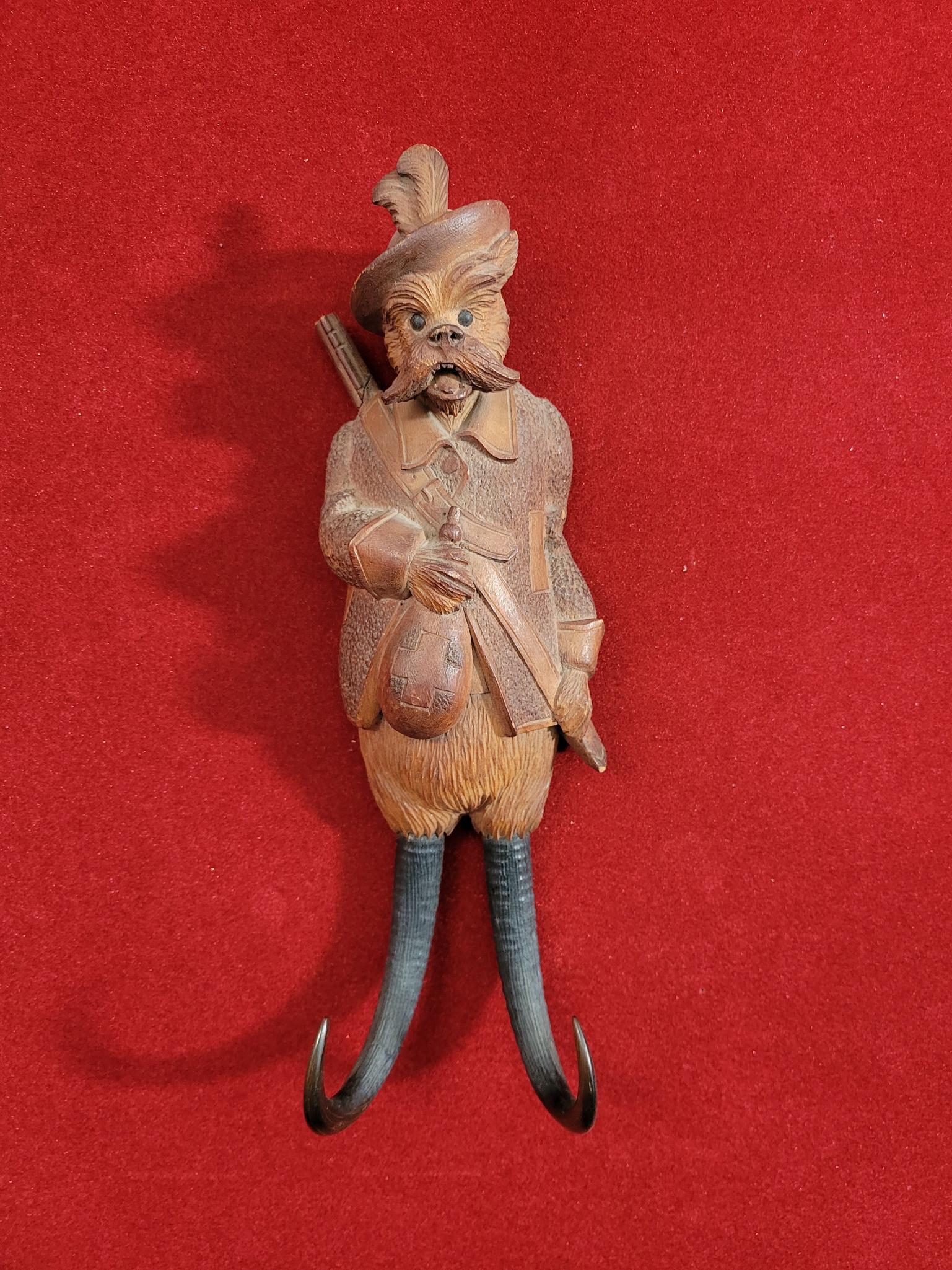 Carved Black Forest Walnut Dog Hunter Whip Hook Auction