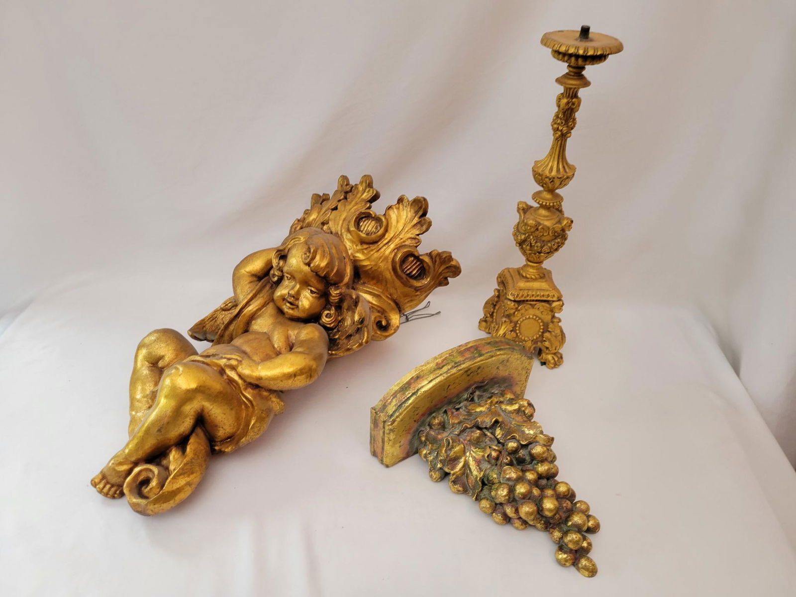 Lot of 3 Golden Decorative Objects: Description: This lot includes 3 estate found gold decorative objects. You get all of the objects you see in the photos. Condition: Overall Good Condition, some damage to the back of the child figure.