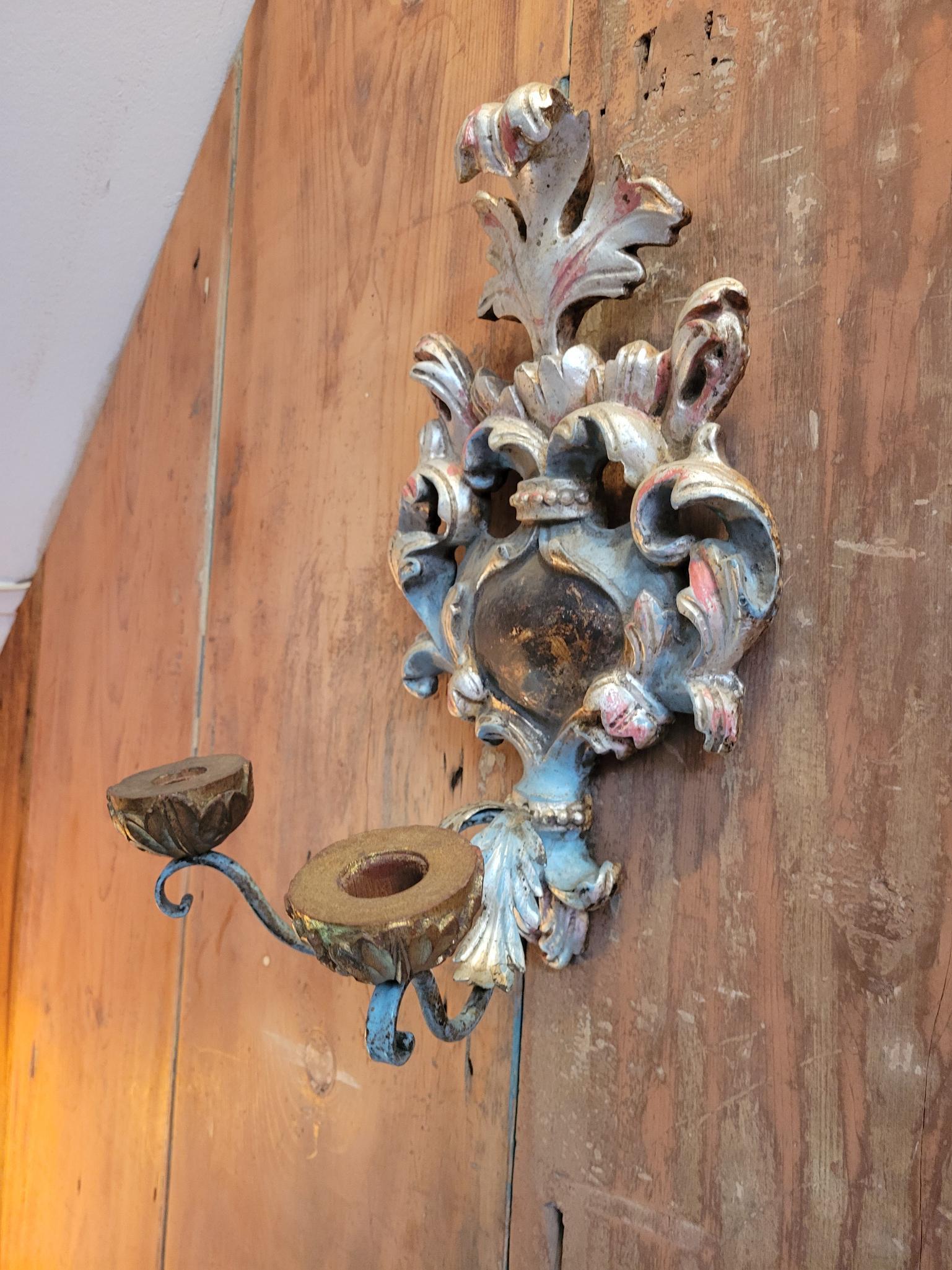 Painted & Carved Wood Wall Sconce Candle Holder (1 of 6)