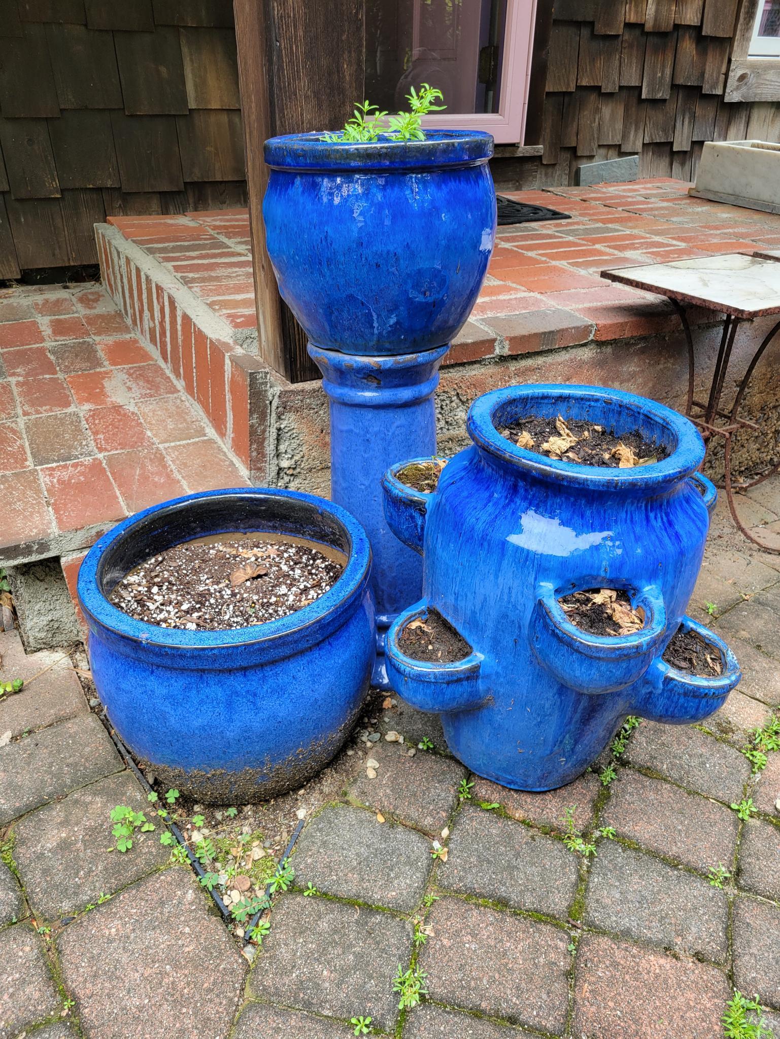 Three (3) Blue Glazed Ceramic Planters (1 of 11)