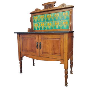 Late 19th C English Washstand - Art Nouveau Tiles: Late 19th century in age, with cupboard base opening with two doors. Original marble top and decorative Art Nouveau style tile backboard. Overall good condition showing some areas of past repairs to t