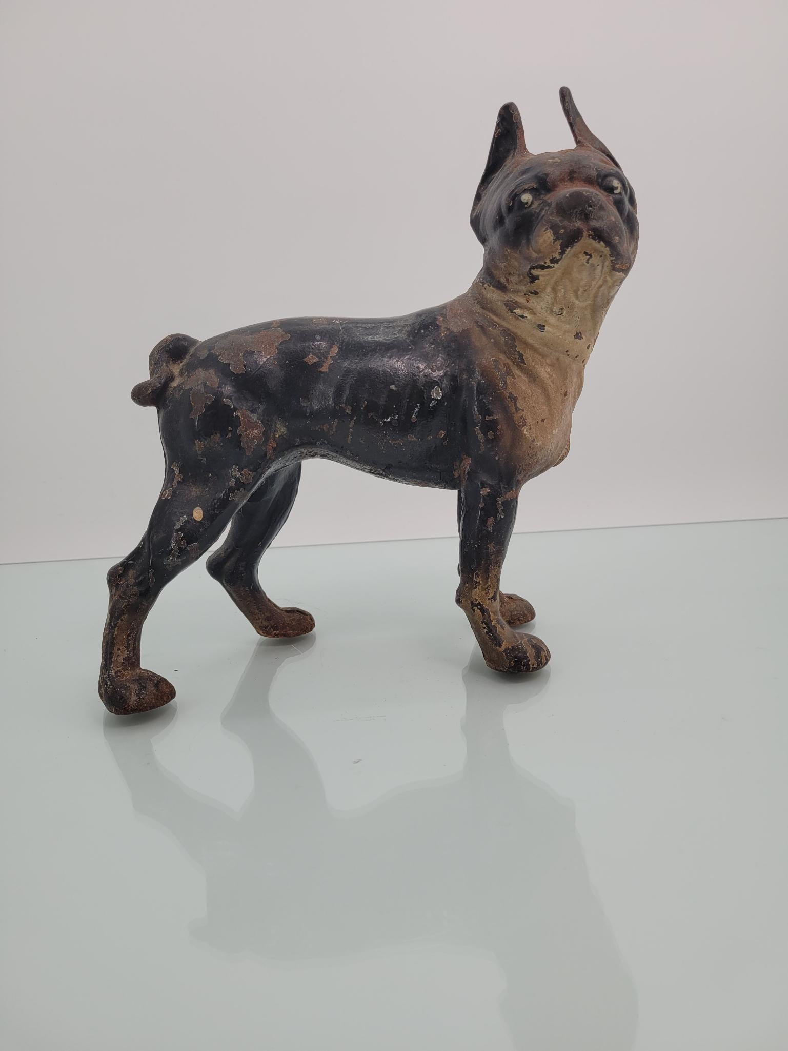 Hubley Cast Iron Boston Terrier Doorstop: Paint looks to be original with areas of loss. Measurements: 8"L x 3"W x 10"H