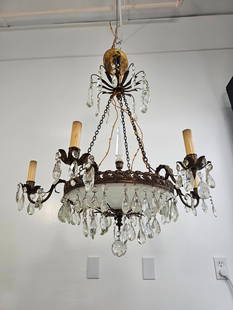 Early 20th C. Italian Brass & Crystal Chandelier: Chandelier has 6 arms and a large glass dome shade on the bottom lighting with a 6 bulb socket in the center. Brass frame with hanging crystals throughout. Dates to the 1920's - 1940's in age and appe