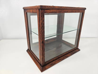 American Oak Table Top Country Store Display Case: Display case appears to be all original with it's original glass. Includes a single shelf and door opening from the back with a small latch. Measurements: 16.5"L x 11"W x 14.5"H