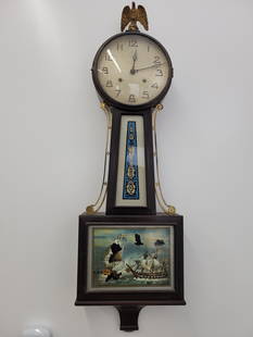 New Haven Banjo Wall Clock - Model "Waring": This lot includes a New Haven Clock Co. Banjo wall clock listed as model "Waring" on the back label. The clock retains it's original glass, though the painting on the lower door is flaking and shows s