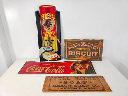 Grouping of Vintage Signage: This lot includes an assorted grouping of advertising signs from various companies. Includes Federal Hi-Power Shells, Wilson Biscuit Co Crate side, Beach Soap Co crate side, Drink Coca-Cola sign (Cut
