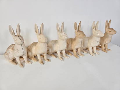 (6) Six Cast Iron Rabbit Doorstops: The lot includes 6 matching cast iron rabbit doorstops each being painted white. These are modern reproductions and not antique. Measurements: 10.5"L x 6"W x 11.5"H