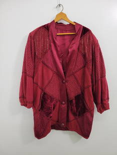 Burgundy Patchwork Button Down Sweater: Description: Burgundy patchwork button down sweater. No label. Mid length sleeve. No stains or rips. Measurements: One Size