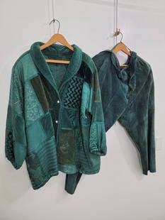Green Patchwork Jacket And Suede Pants: Description: Green patchwork quilted jacket. Suede pants by T. Deane made in Korea featuring a half elastic waistband. No rips or stains. Measurements: Jacket Size Medium Pants 40"