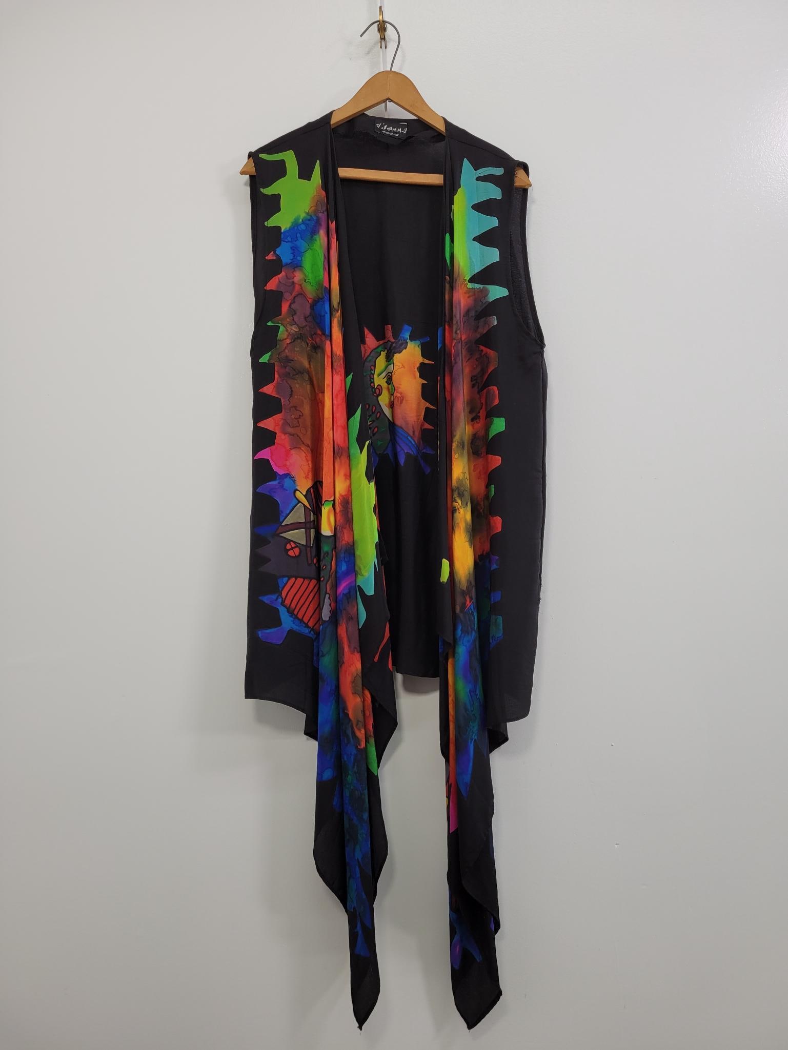 Artist Inspired Hand painted Dilemma Silk Vest: Description: Artist (Picasso?) inspired Hand painted Dilemma Dhun Shroff silk vest. No rips or stainsMeasurements: One Size