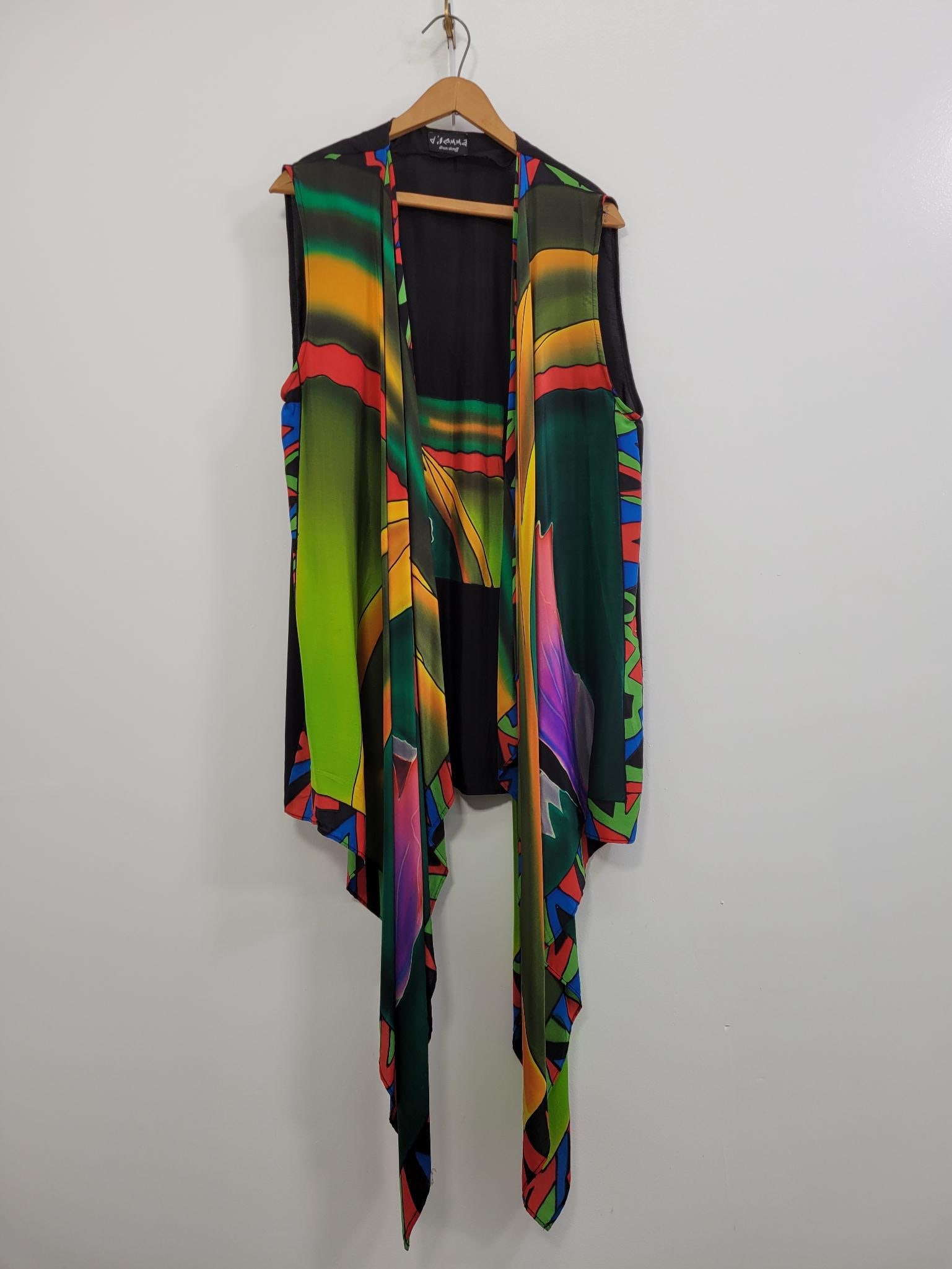 Artist Inspired Hand painted Dilemma Silk Vest: Description: Artist (O'Keefe?) inspired Hand painted Dilemma Dhun Shroff silk vest. No rips or stains Measurements: One Size