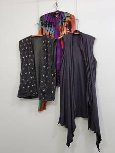 Lot Of Casual Vests And Tye-dye Overshirt: Description: Pair of vests and tie-dye overshirt. Short vest has no Labels, long vest is by Jeanne Scannell designer weaver, and the tie-dye overshirt is by Art of Cloth. No Stains or rips. Measuremen