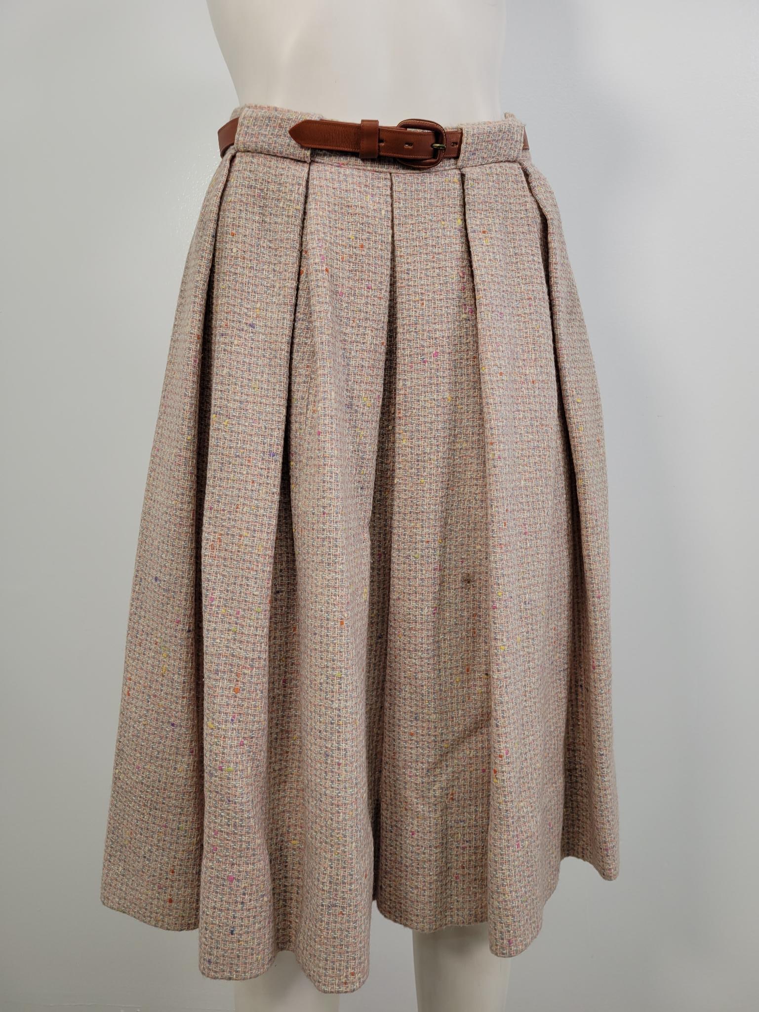 Vintage Belted Tweed Skirt: Description: Pink tweed skirt with wide belt loops and leather belt. No labels. Seems to be homemade. No rips or stains. Measurements: Waist 24"