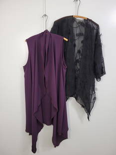 Plum Vest And Black Patchwork Sheer Duster: Description: Flowy plum colored vest and sheer geometric duster. No labels in either, no stains or rips (see photos)Measurements: One Size