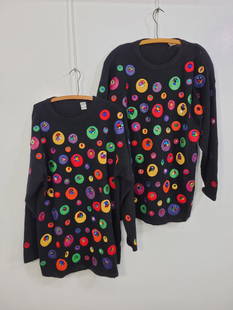 Pair Of Matching Black 80s Embellished Sweaters: Description: Pair of matching black lambswool angora rabbit fur sweaters with leather patches and rhinestones. Appear to be by Ceders from the 80s but the tags are missing in both. Some loose gems on