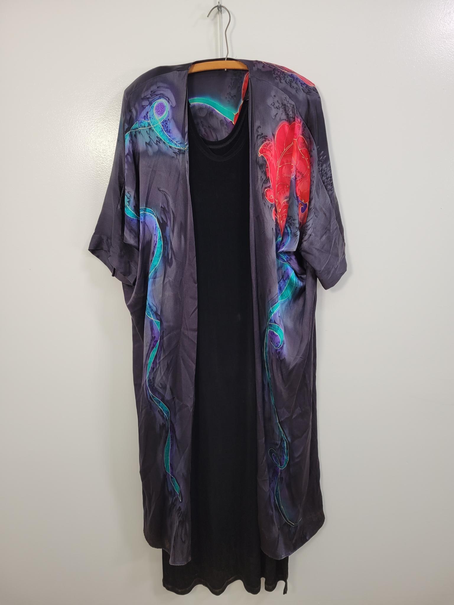 Black Tank Dress With Grey Hand painted Silk Robe: Description: Tag less black stretch tank dress with shoulder pads, and amazing hand painted silk robe with fantastic pink feathers painted(also has shoulder pads) No rips or stains. No labels in eithe