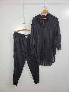 Black Silk Natori II Shirt and Anne Beretta Pants: Description: Sheer striped Natori II pullover top and 100% silk Anne Beretta pants. No rips or stains. Measurements: Shirt shoulders 17" waist 42" Pants size 16