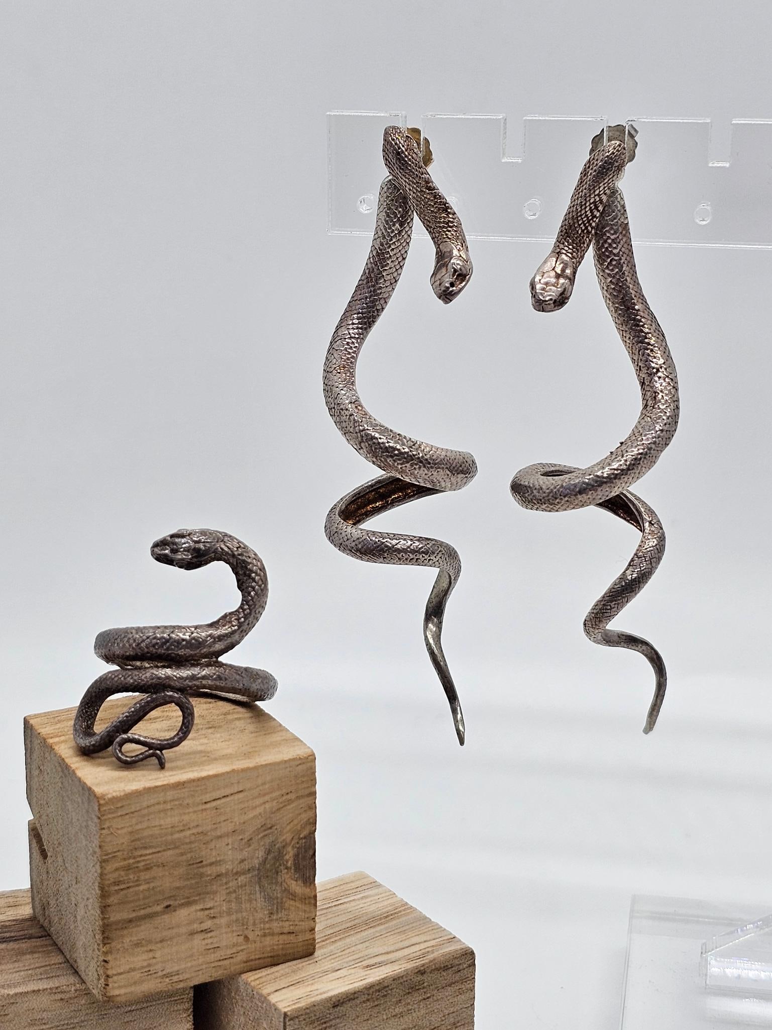 Sterling Silver Dangling Snake Earrings & Ring (1 of 11)