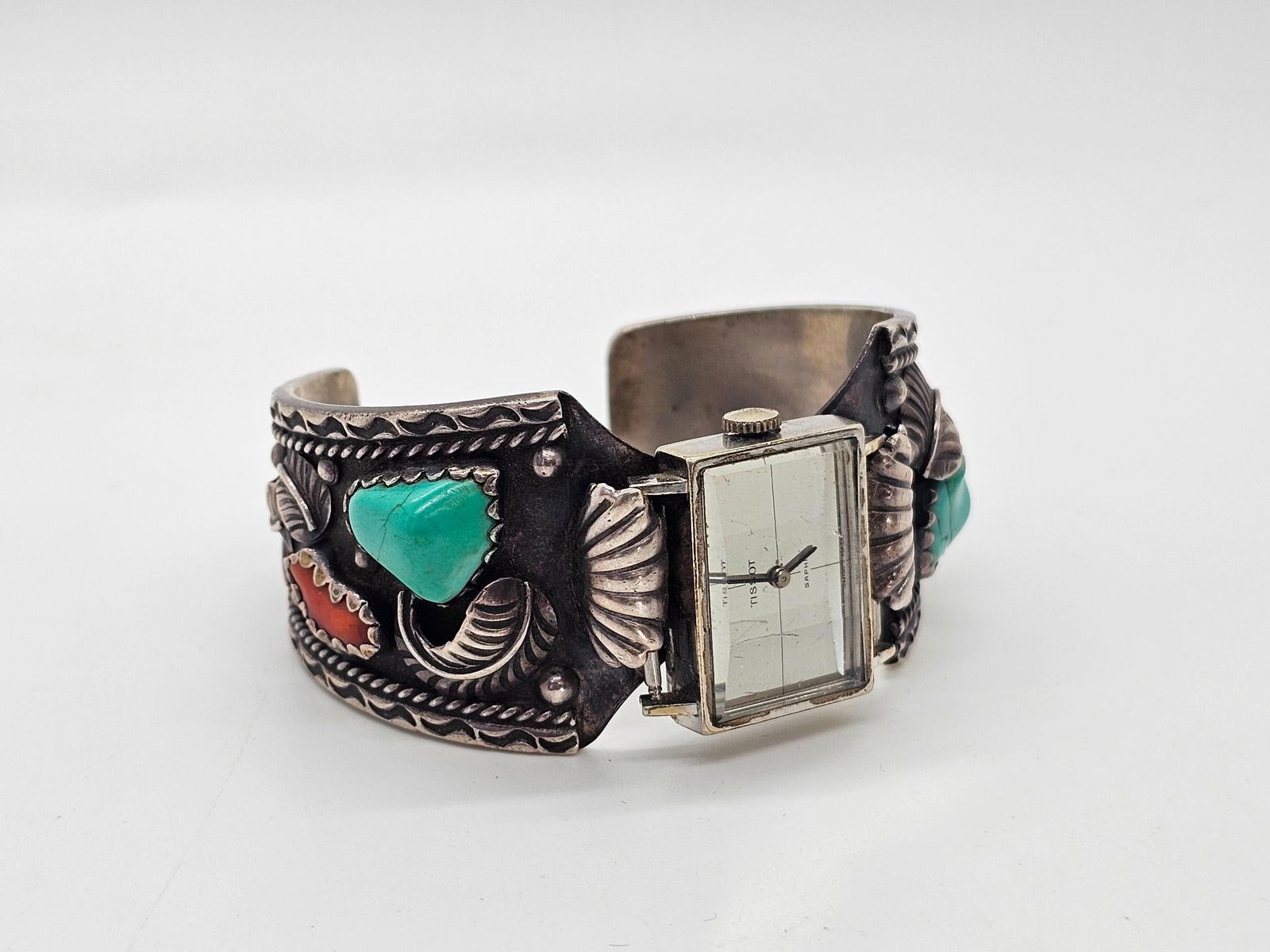 Vtg Mexican Sterling Turquoise & Coral Bracelet (1 of 7)