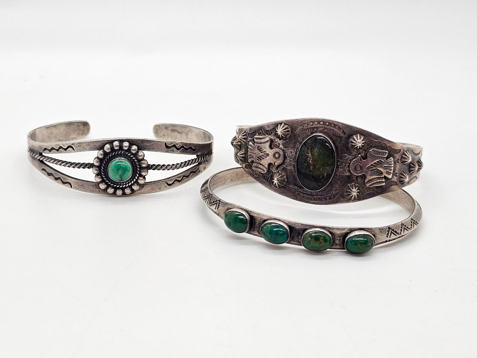 3pc Lot - Navajo Green Turquoise Silver Bracelets (1 of 14)