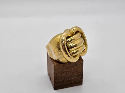 Signed "David Webb" Hammered 18k Gold Ring: The ring is signed by "David Webb" on the inside and made of 18k yellow gold featuring a knotted hammered design. Ring size is 8.5Weight: 20.1 dwt