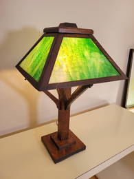 W.B. Brown Mission Oak & Slag Glass Lamp - c1910