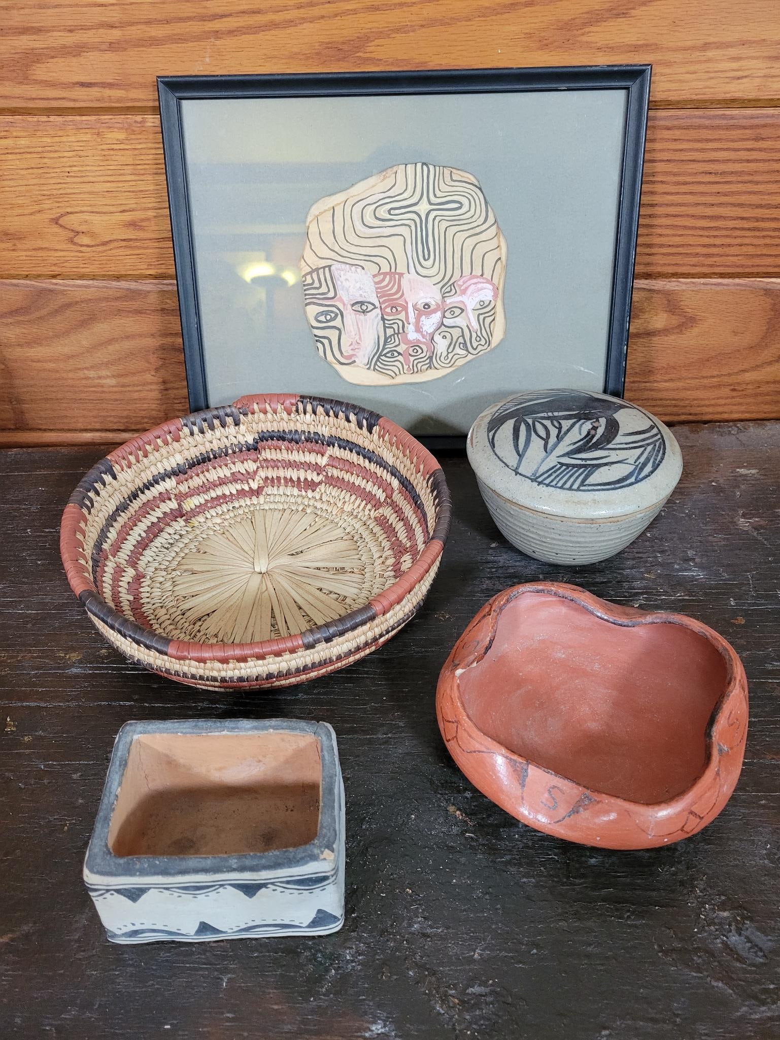 Lot of Native American Pottery & Artworks: All of the pieces in this lot appear to be Native American and includes a woven basket, potter, and a framed drawing. See photos for lot contents and details. Transport Fee $25