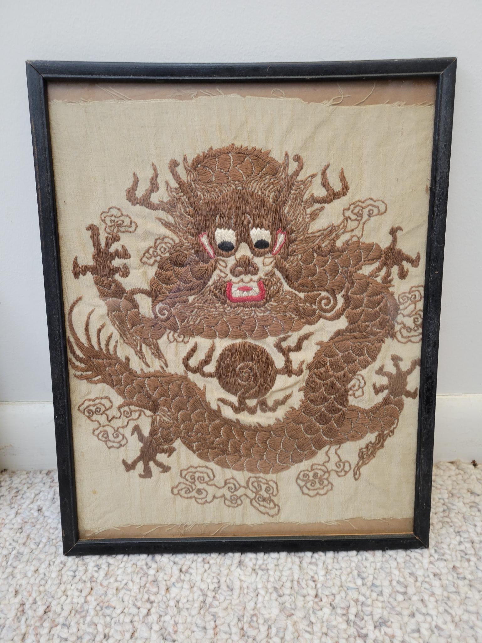 Oriental Silk Thread Framed Textile of Dragon (1 of 8)