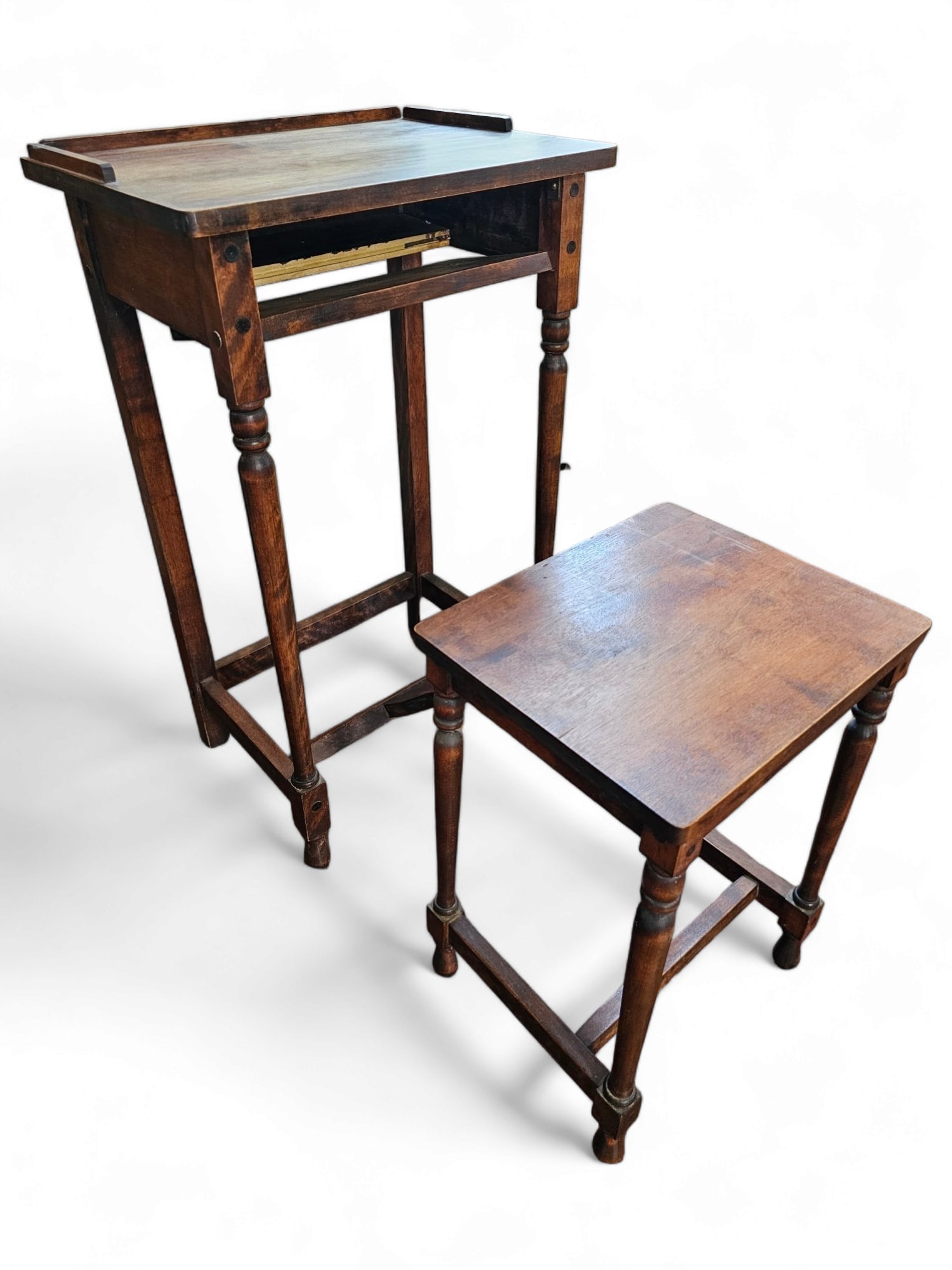 Early 20th Century Folding Telephone Table: Table is well made with unique fold down seat. Finish appears to be original with expected wear and use. Drawer does need repair. Early 20th century in age. Measurements: 29.5 "L x 18 "W x 30 "H Trans