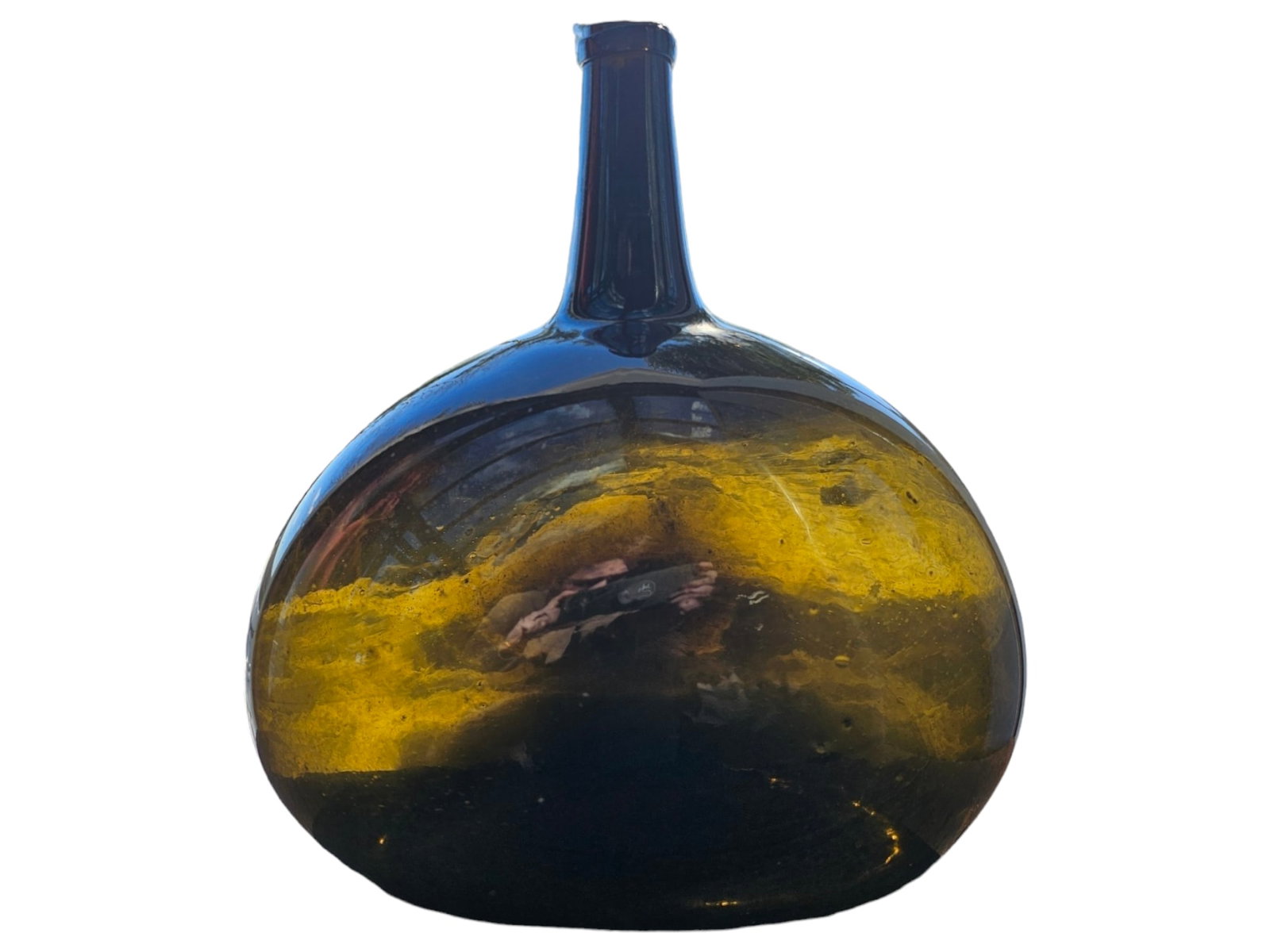 Very Early Black Glass Kidney Shaped Demijohn: Very early black glass kidney shaped demijohn. These style demijohns have been attributed to Pitkin Glassworks in Hartford County Connecticut. Medium green kidney shaped demijohn measuring 18 1/2 inch