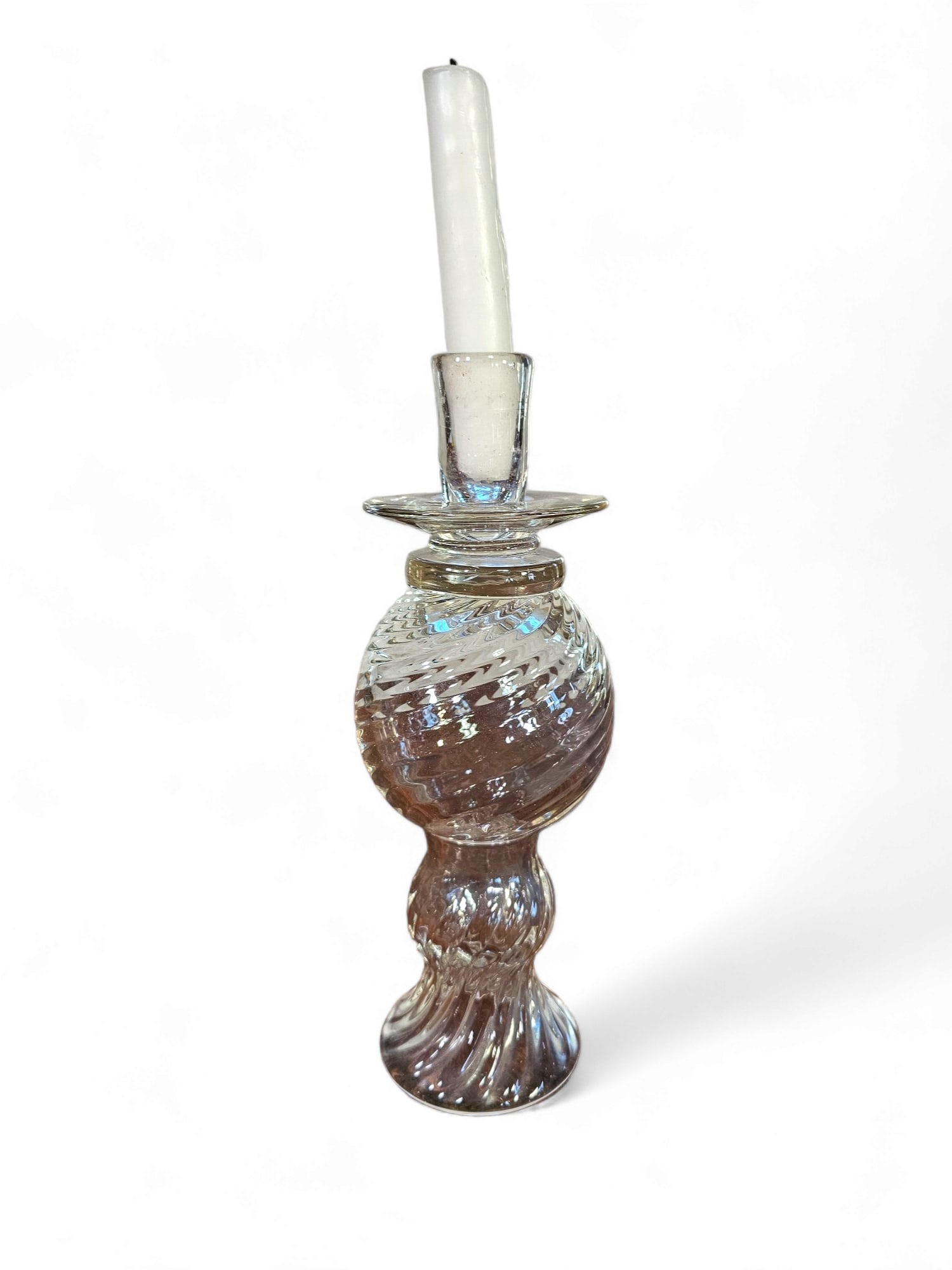 Blown Glass Swirl Candlestick: Candlestick appears to be hand blown of clear glass in a spiral pattern. Vintage 20th century in age, see photos for details. Without any notable damageMeasurements: 3"W x 9.5"HFee for Transport back